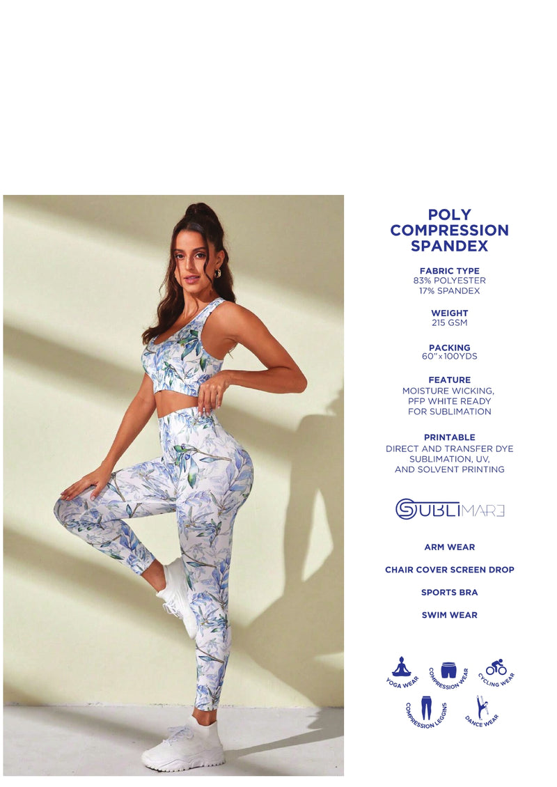 Woman in floral athletic wear with product specifications on a white background