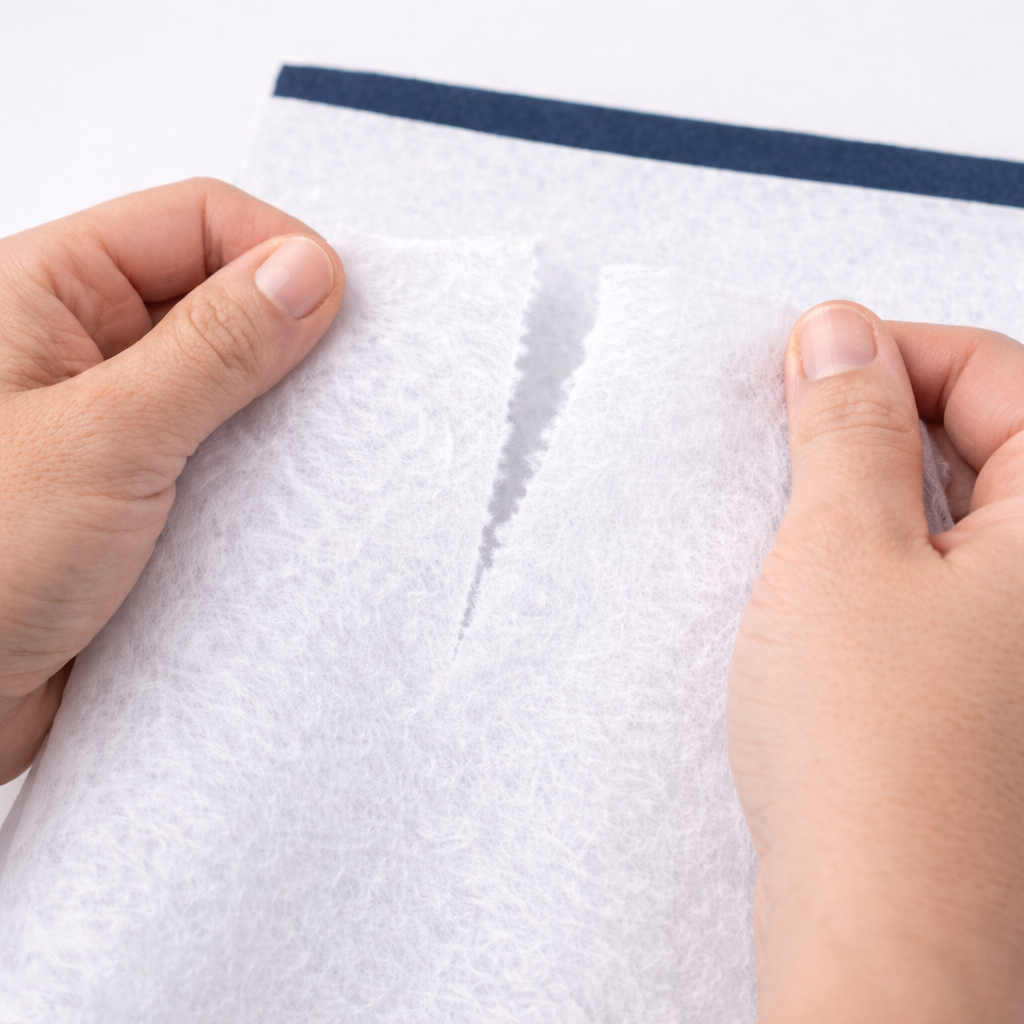 White tear away embroidery backing with a blue strip held by two hands on a white background