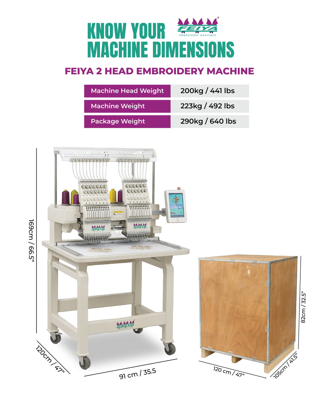 Feiya 2 head embroidery machine with dimensions and weight information on a white background