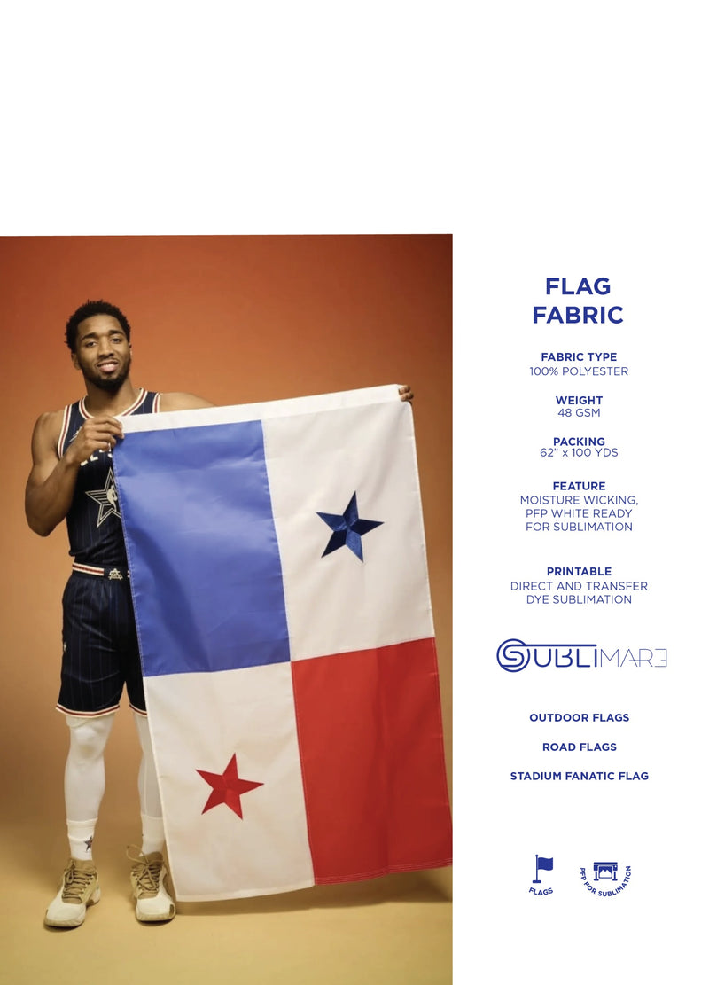 Catalogue page sublimare, sublimation fabric for Flag fabric with Person holding a flag with a star design, featuring Sublimar branding.
