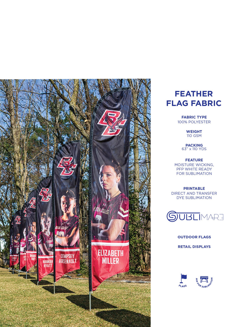 Sublimare catalogue for feather flag fabric for sublimation showing Outdoor flags with branding and text on a grassy area with trees in the background
