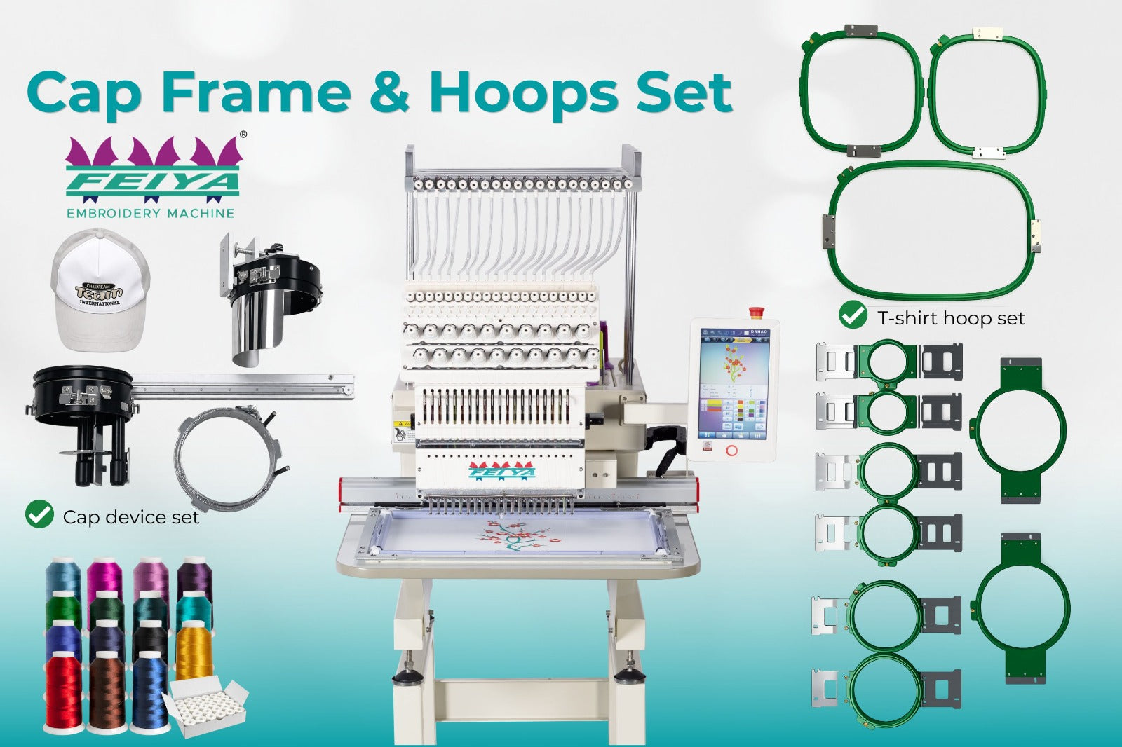 Embroidery machine with cap frame and hoops set on a gradient background