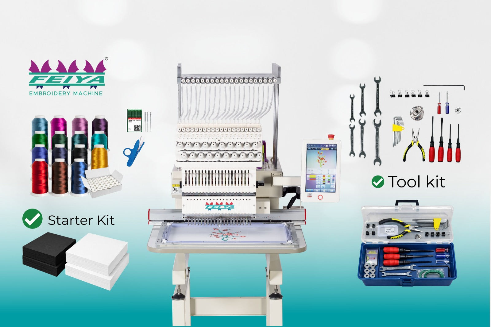 Embroidery machine with starter kit and tool kit on a gradient background