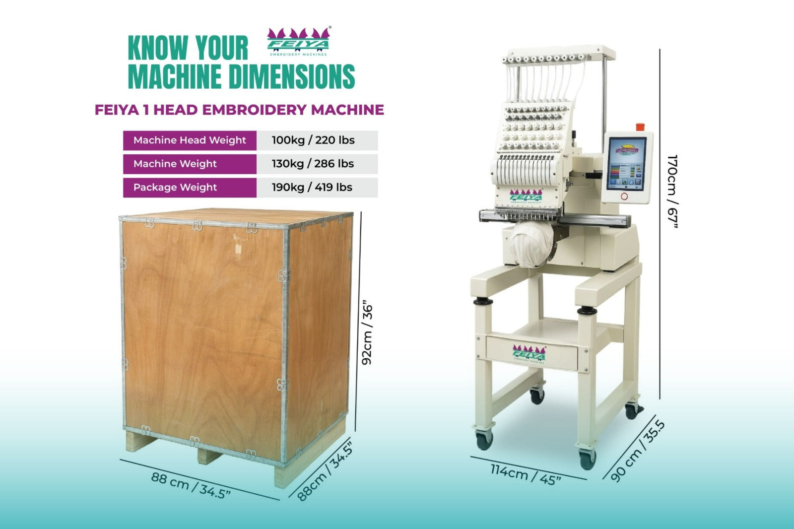 Embroidery machine with dimensions and weight details on a white background