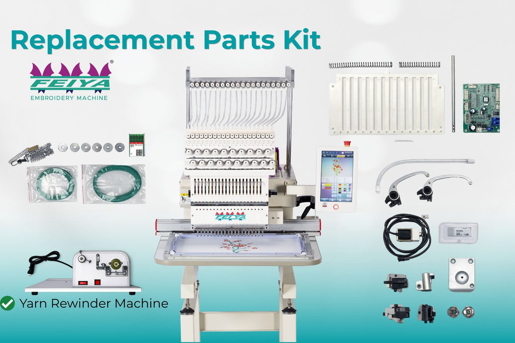 Replacement parts kit for embroidery machines with Felya branding on a gradient background.