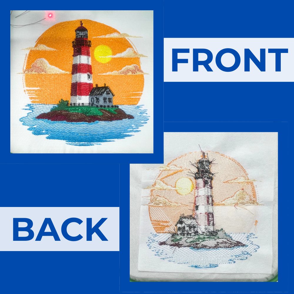 Embroidery design of a lighthouse on an island with 'Front' and 'Back' labels.