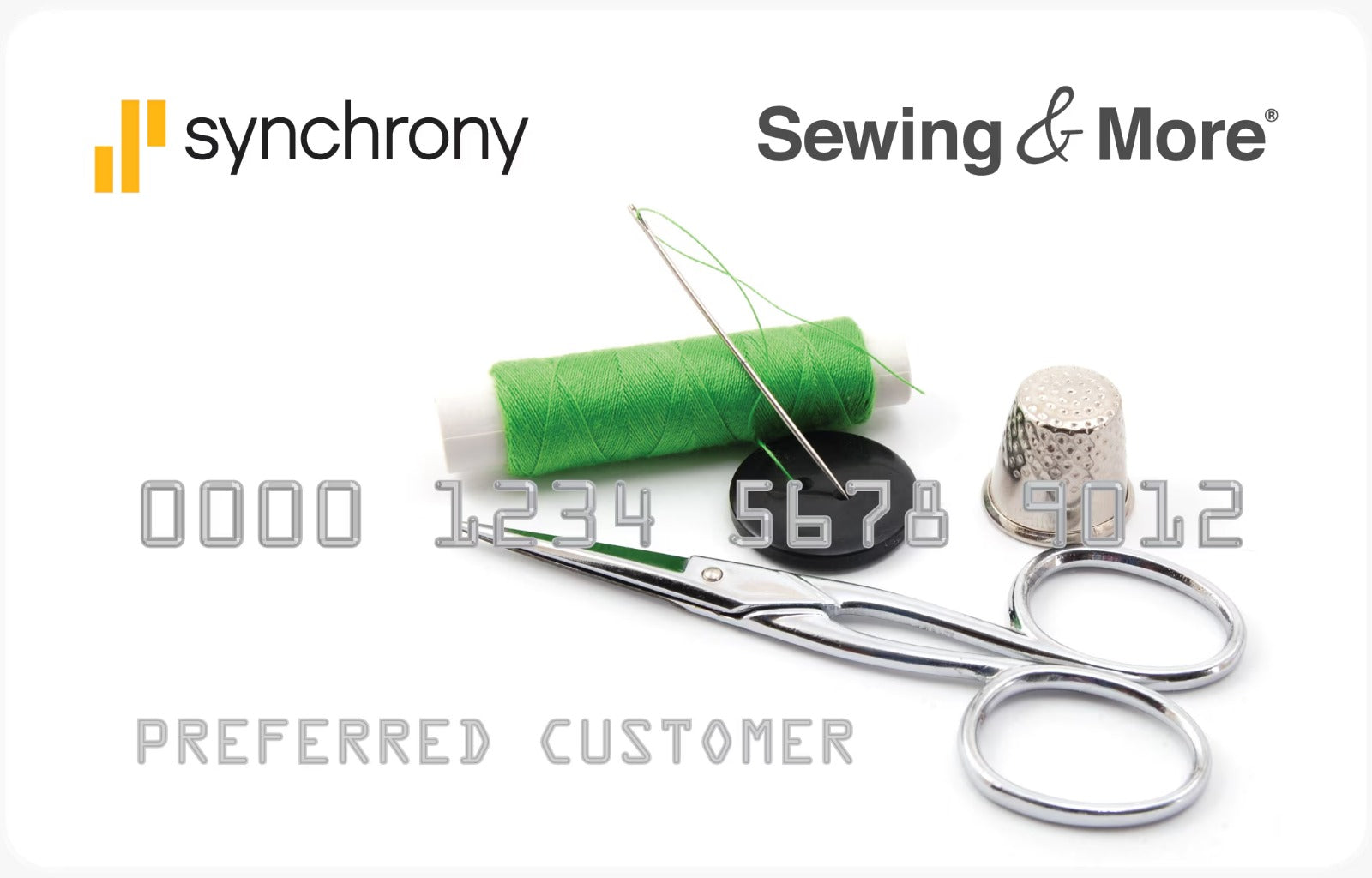 Sewing kit with green thread, scissors, and a thimble on a white background with Synchrony and Sewing & More branding.