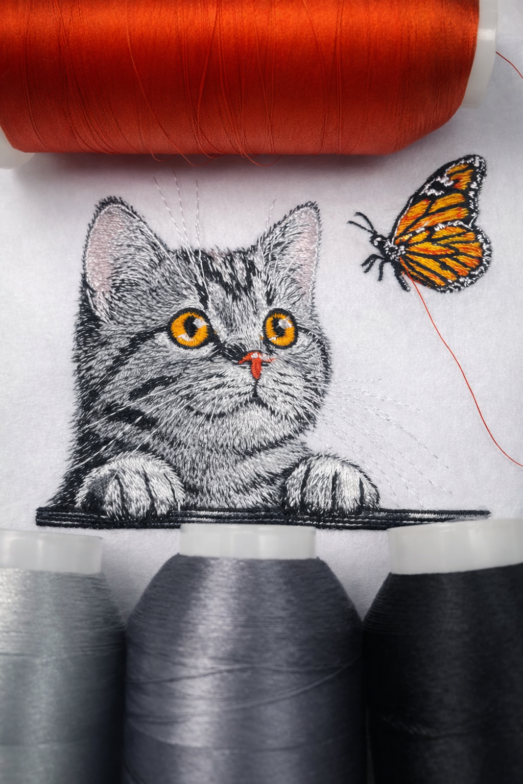 Embroidery design of a cat and butterfly with spools of thread in the background.