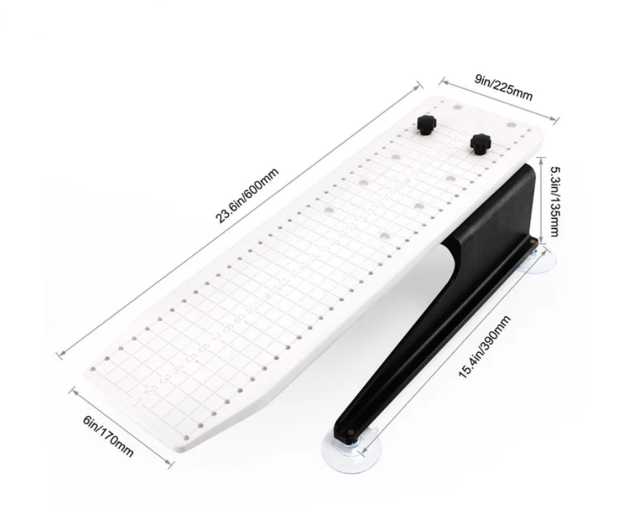 Small hoop station for embroidery Measurement chart with ruler and black rectangular object on a white background