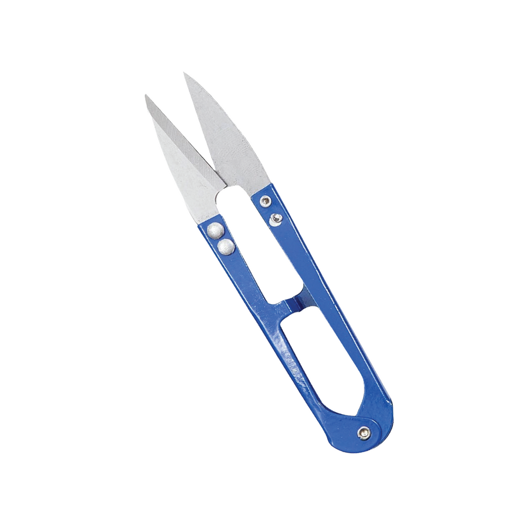 Pair of  thread cutter scissors with blue handles on a white background