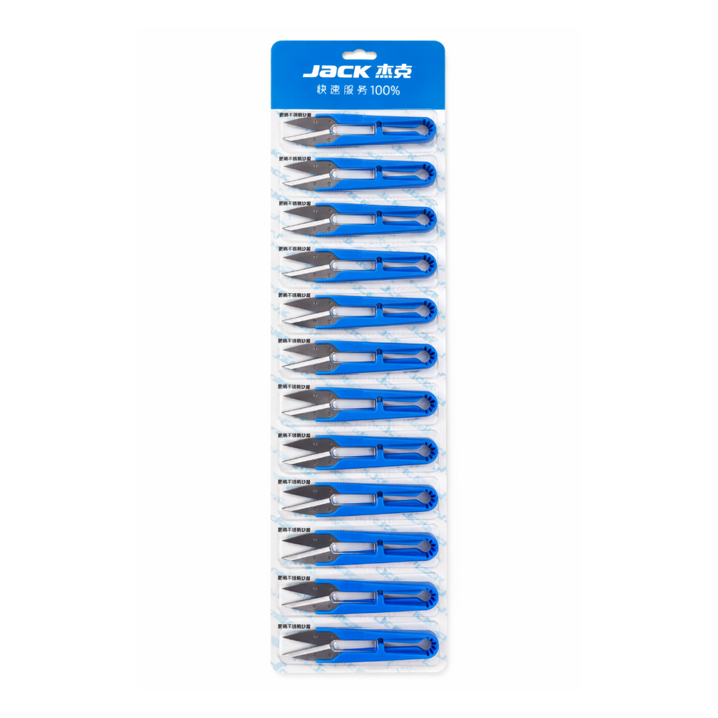 Packaged set of  12 metallic thread cutter 'JACK' branding on a white background
